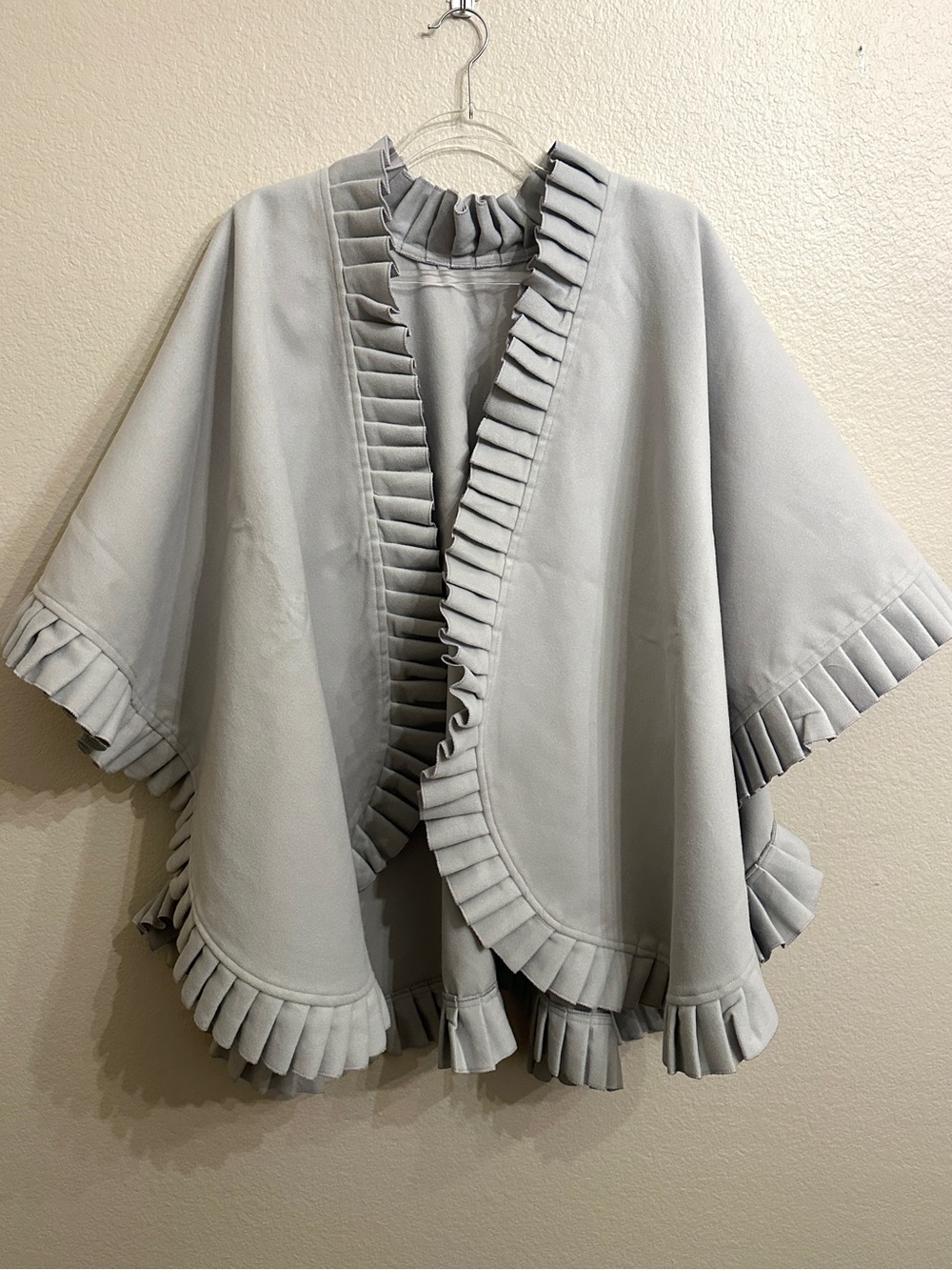 Gray Pleated Ruffle Trim Cape Poncho Wrap One Size